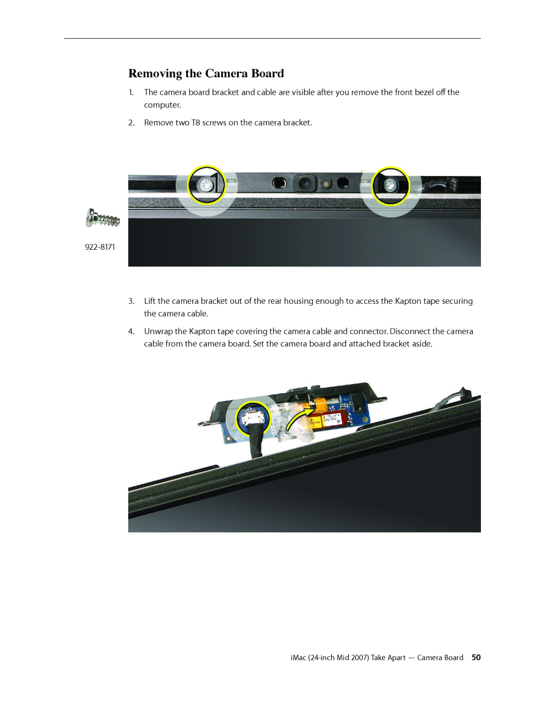 Apple 24-inch mid 2007 manual Removing the Camera Board 