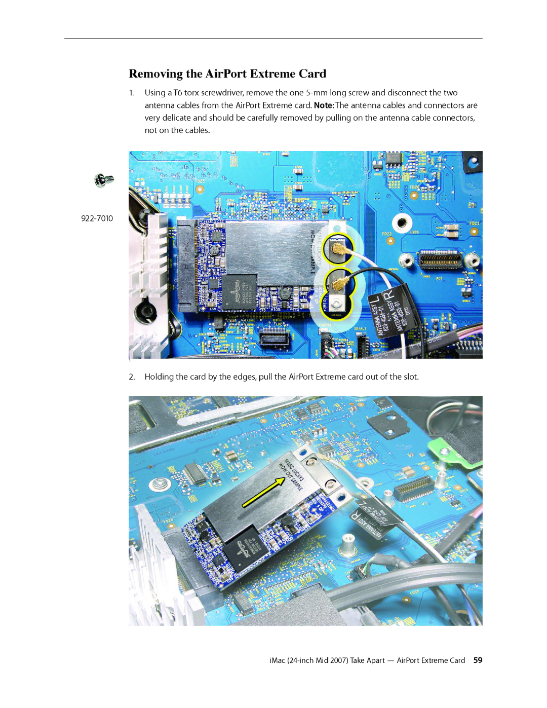 Apple 24-inch mid 2007 manual Removing the AirPort Extreme Card 