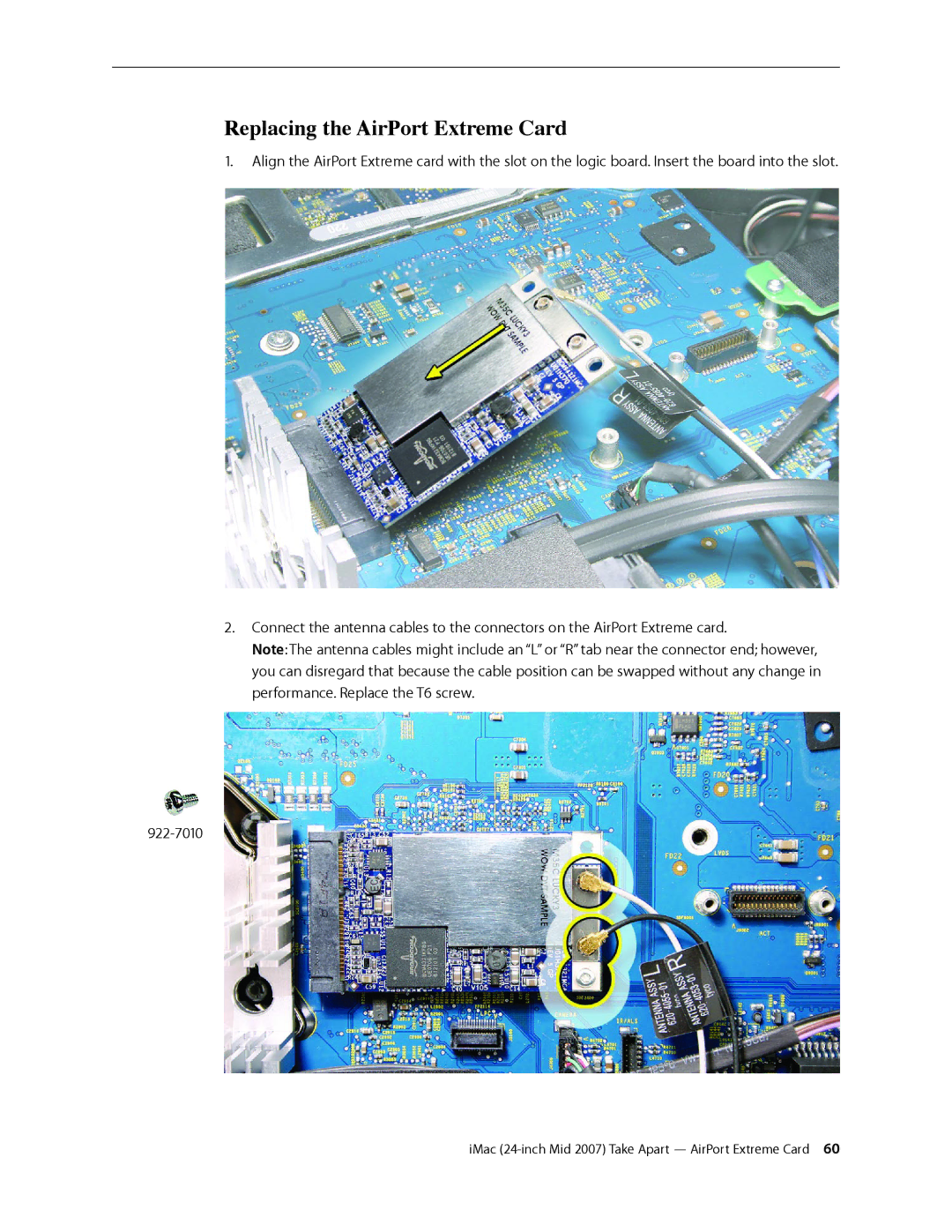 Apple 24-inch mid 2007 manual Replacing the AirPort Extreme Card 