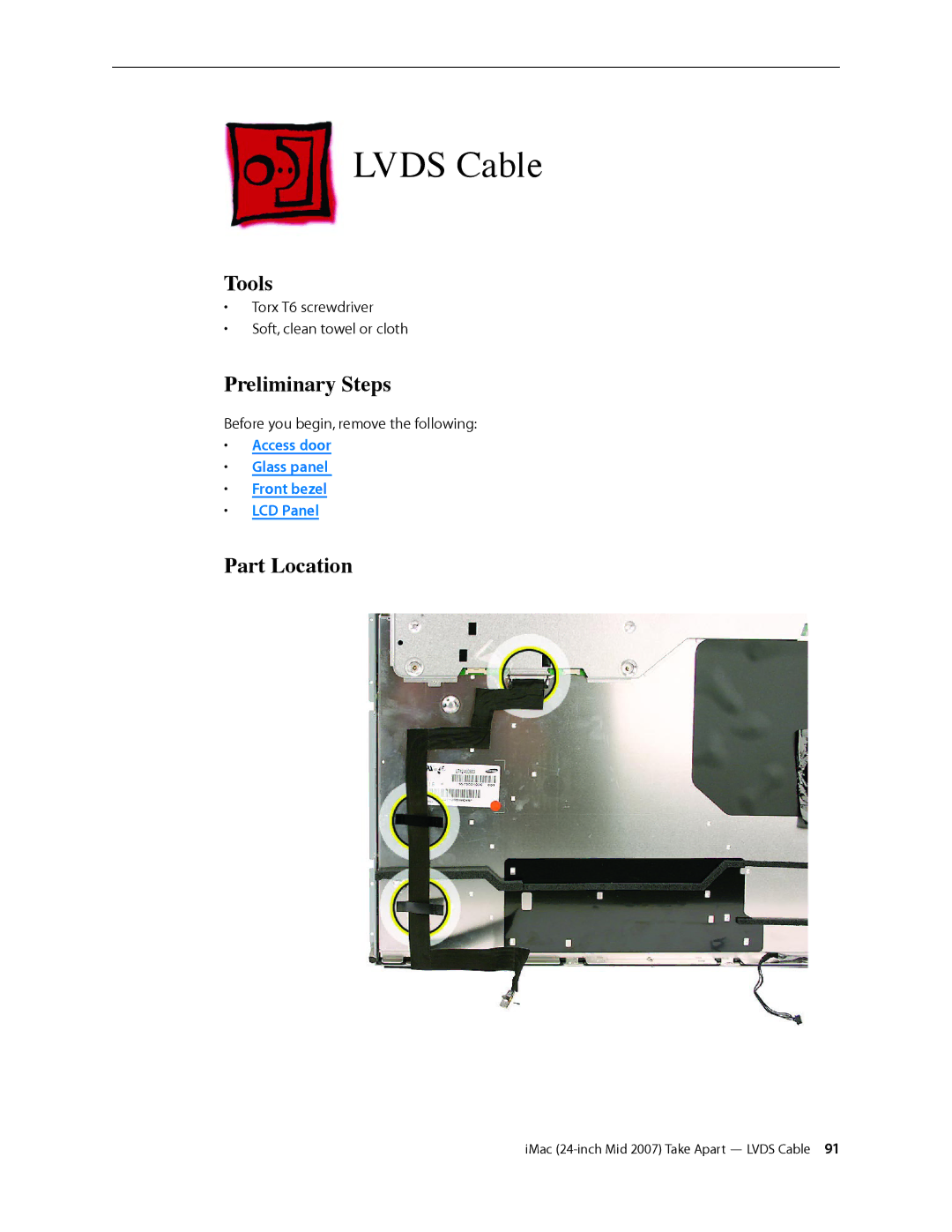 Apple 24-inch mid 2007 manual Lvds Cable, Tools 