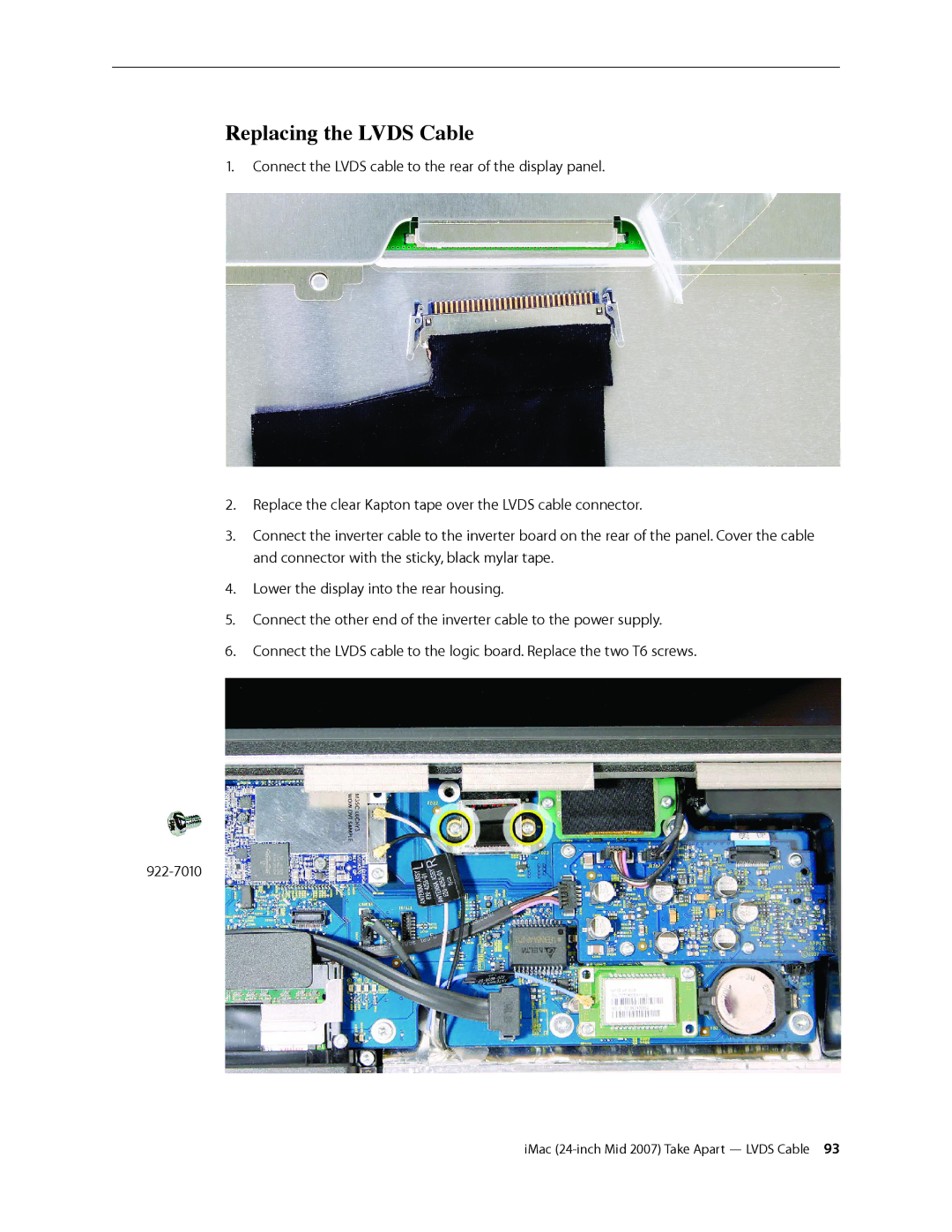 Apple 24-inch mid 2007 manual Replacing the Lvds Cable 