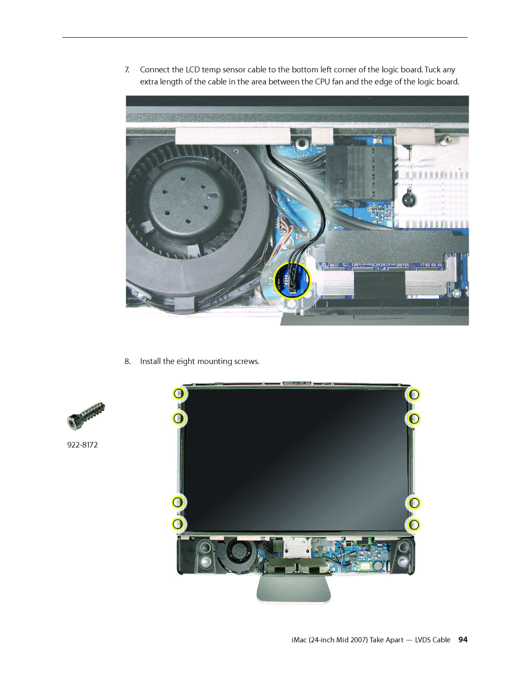 Apple 24-inch mid 2007 manual Install the eight mounting screws 922-8172 