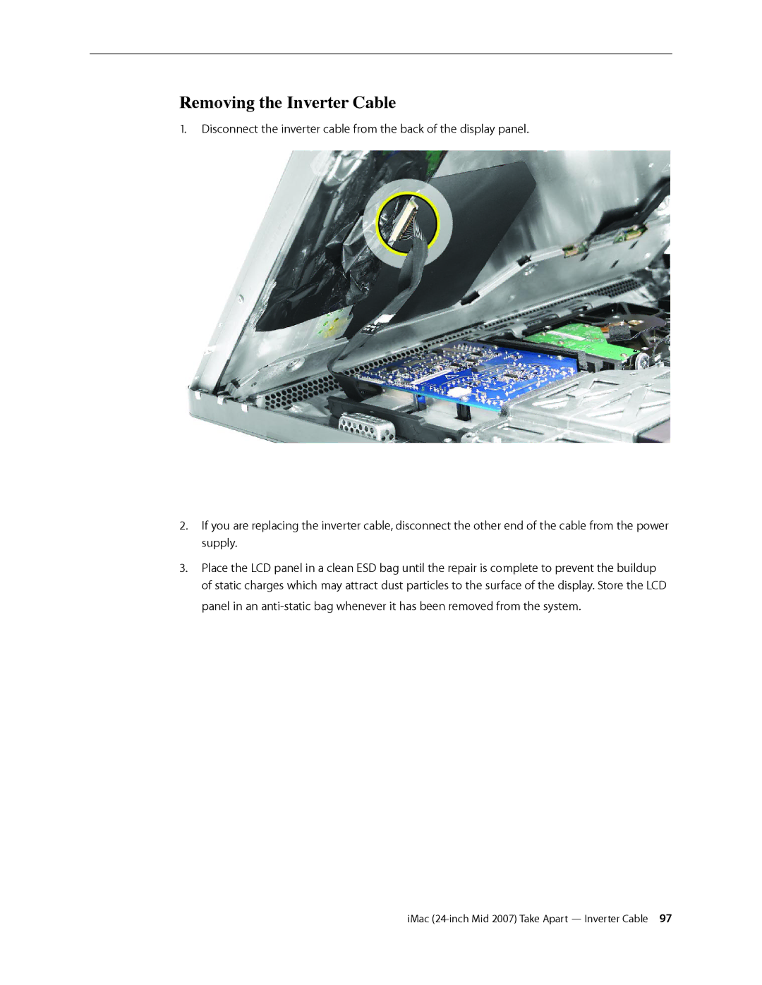 Apple 24-inch mid 2007 manual Removing the Inverter Cable 