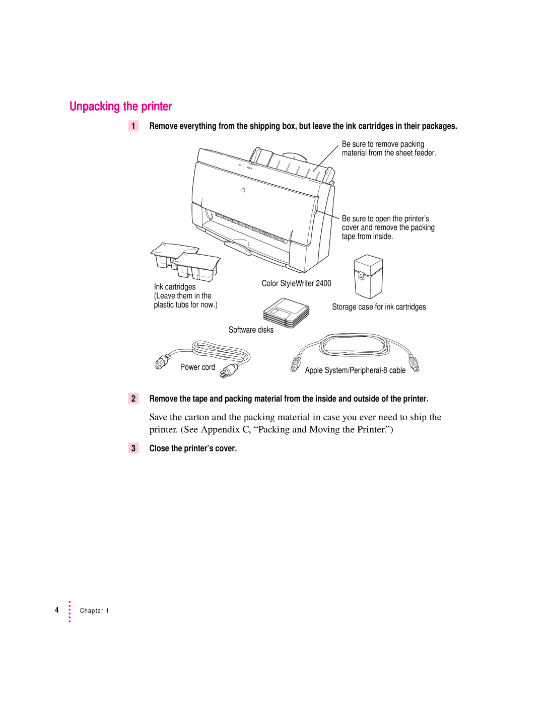 Apple 2400 manual Unpacking the printer 