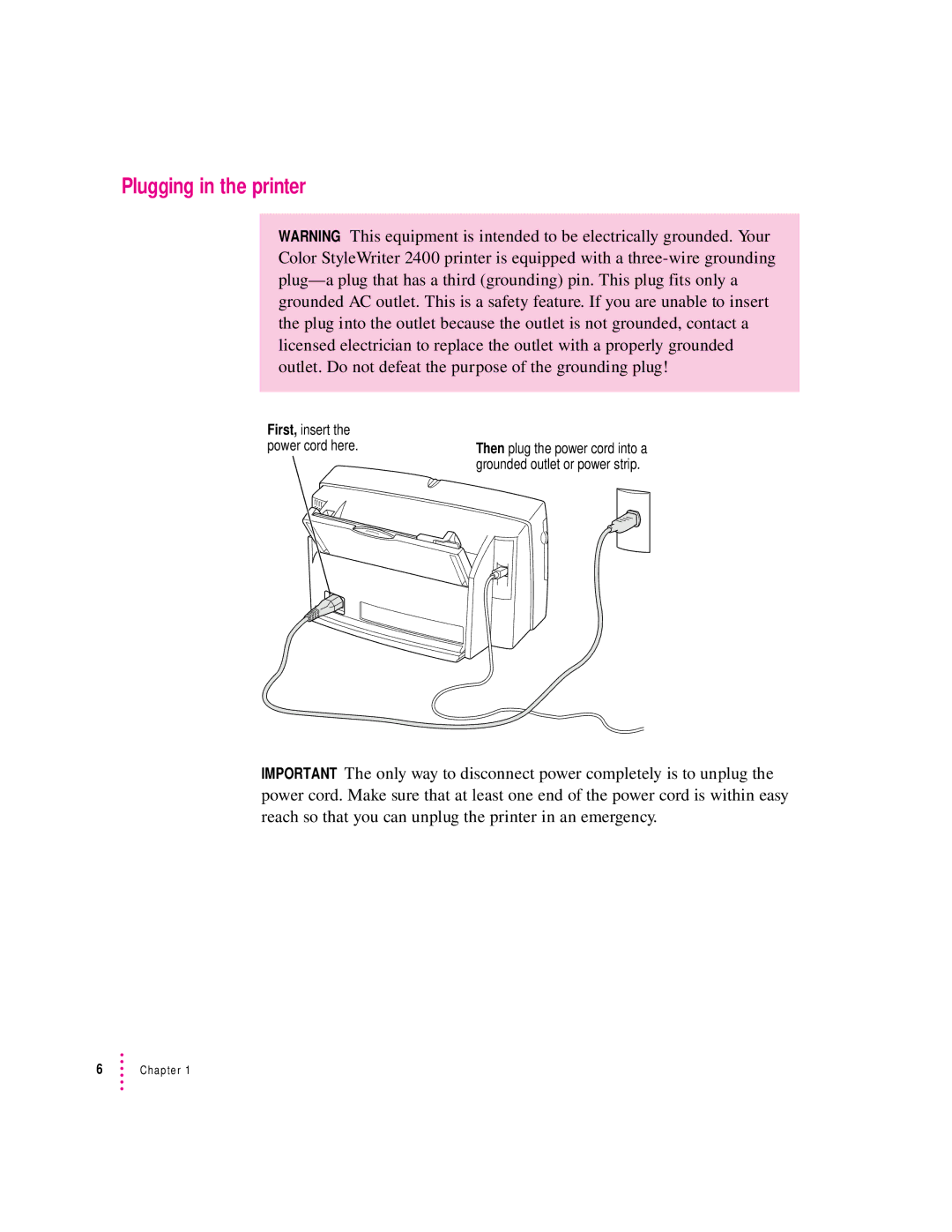 Apple 2400 manual Plugging in the printer 