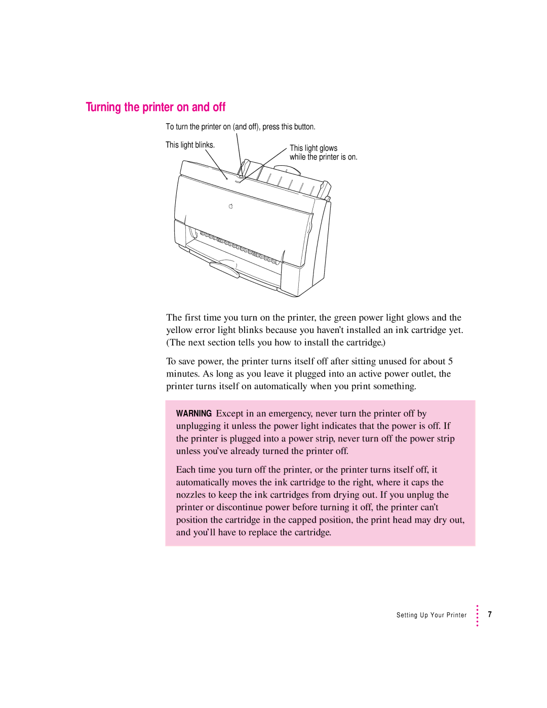 Apple 2400 manual Turning the printer on and off 