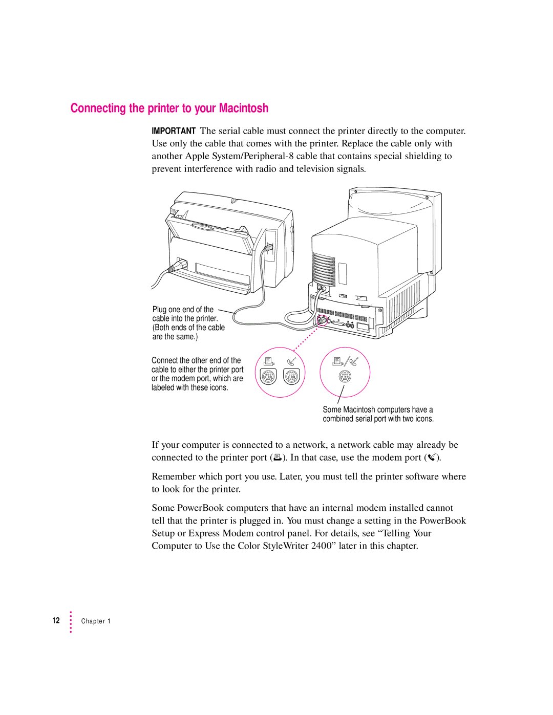 Apple 2400 manual Connecting the printer to your Macintosh 