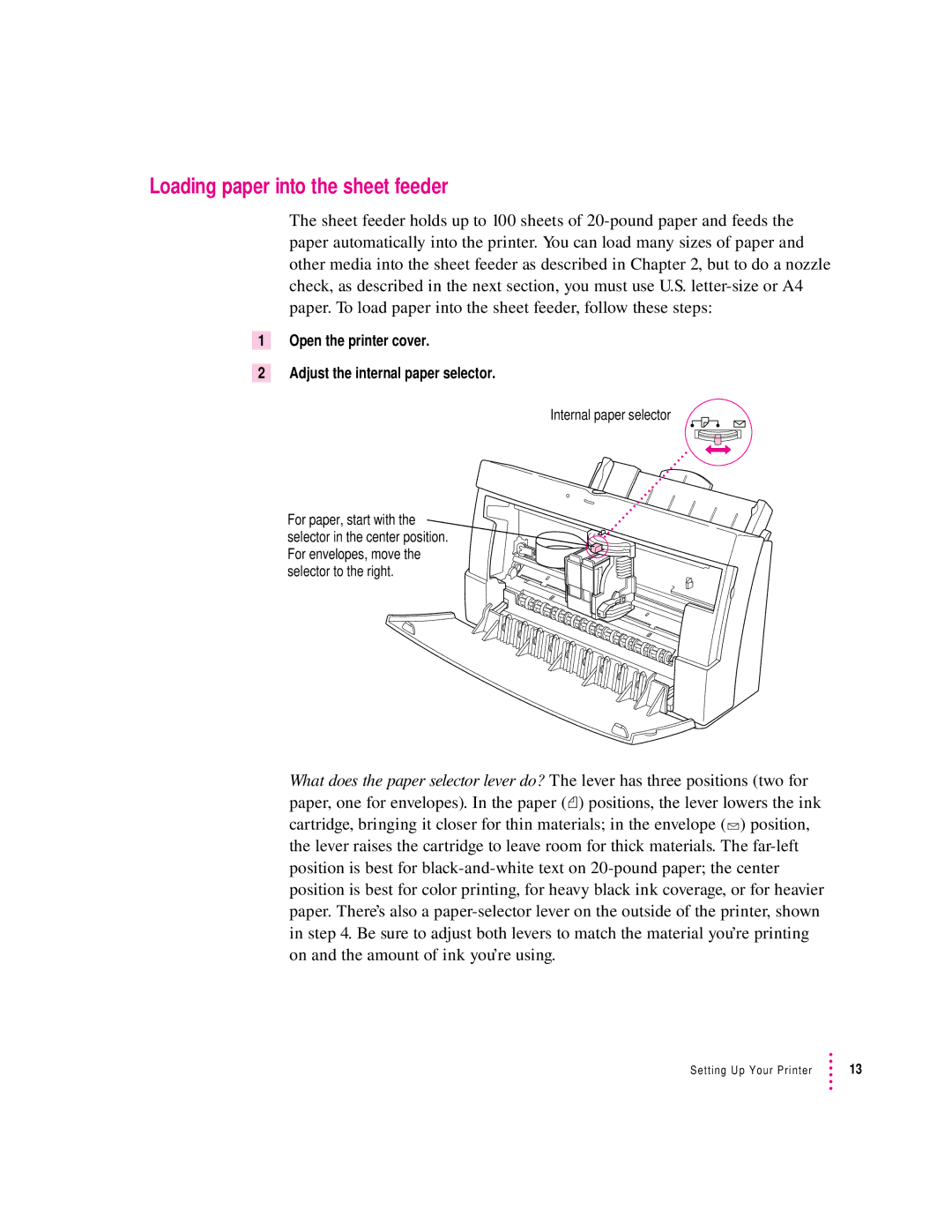 Apple 2400 manual Loading paper into the sheet feeder, Open the printer cover Adjust the internal paper selector 