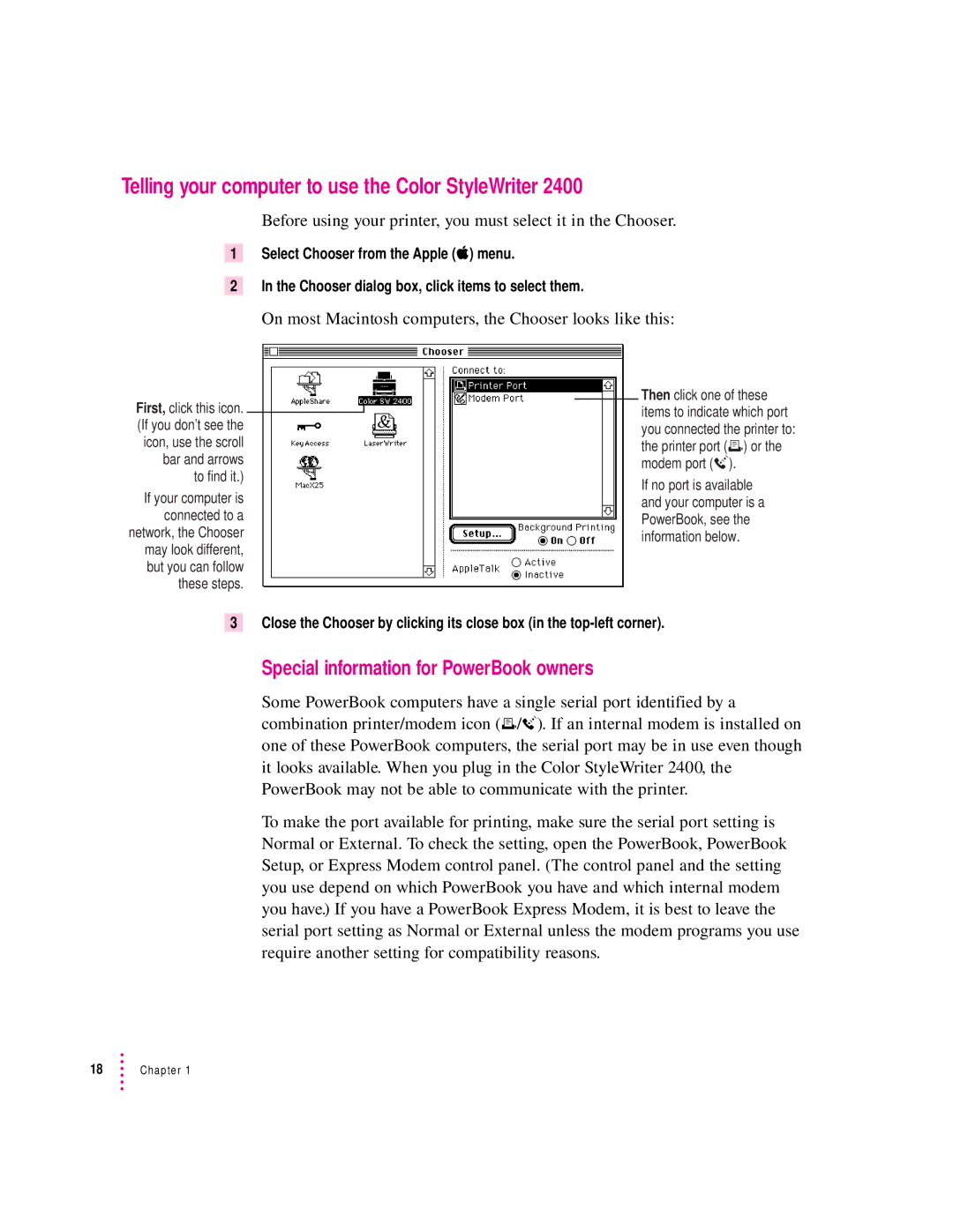 Apple 2400 manual Telling your computer to use the Color StyleWriter, Special information for PowerBook owners 