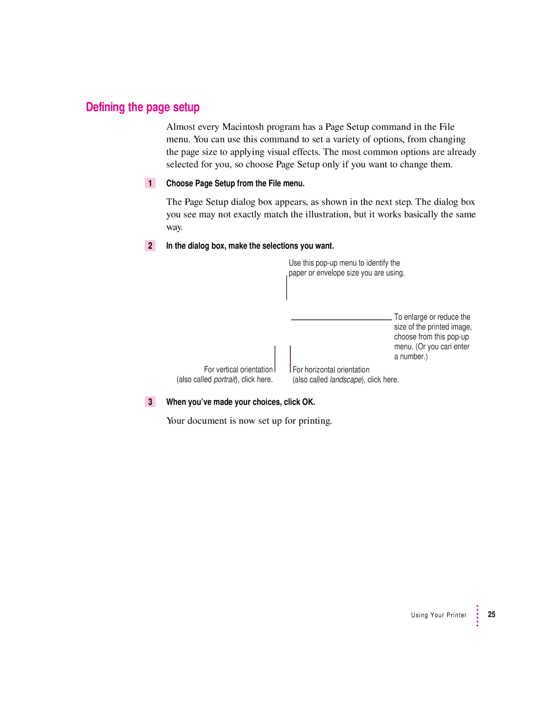 Apple 2400 manual Defining the page setup, Dialog box, make the selections you want 