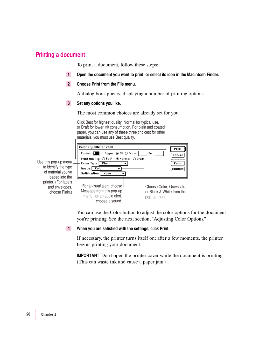 Apple 2400 manual Printing a document, To print a document, follow these steps 