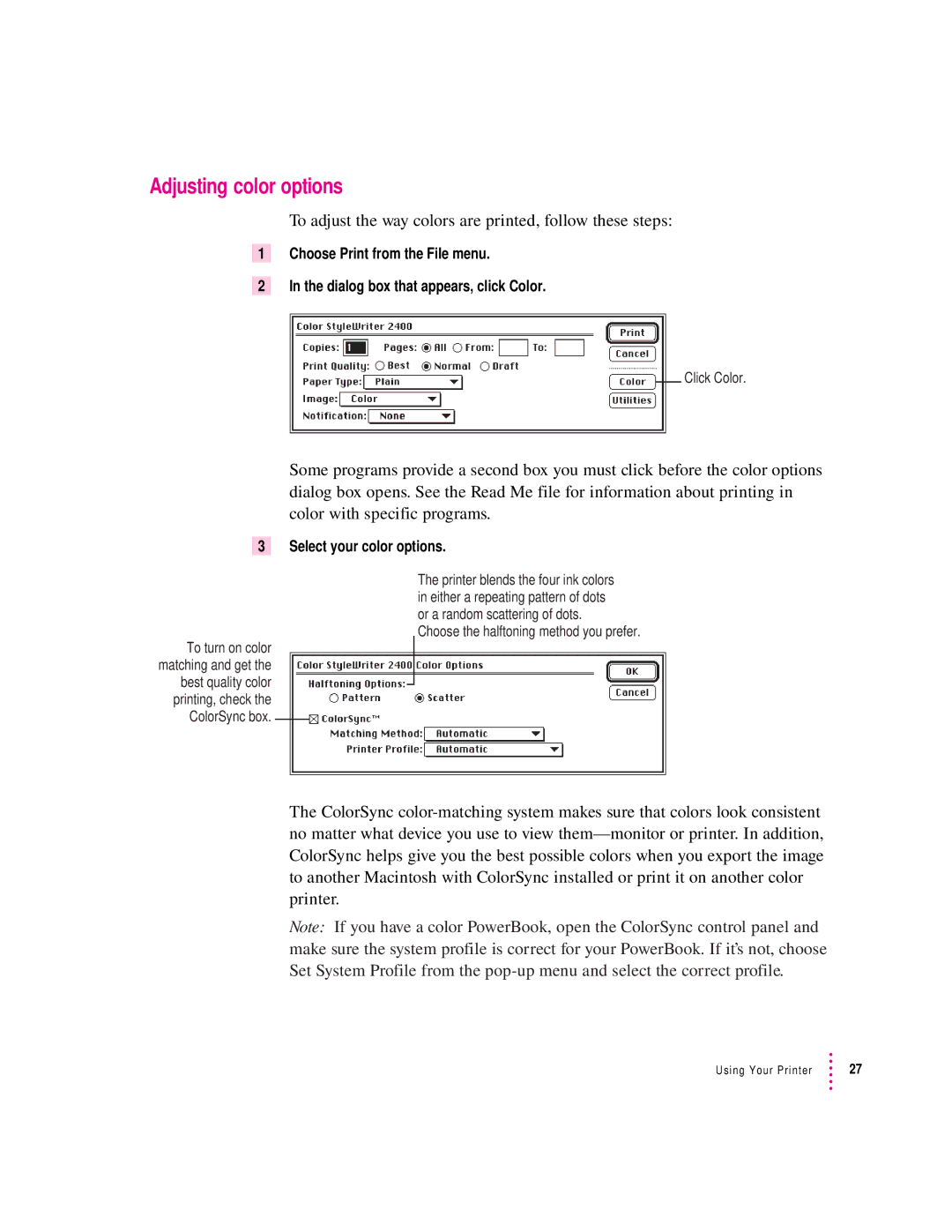 Apple 2400 manual Adjusting color options, Select your color options 