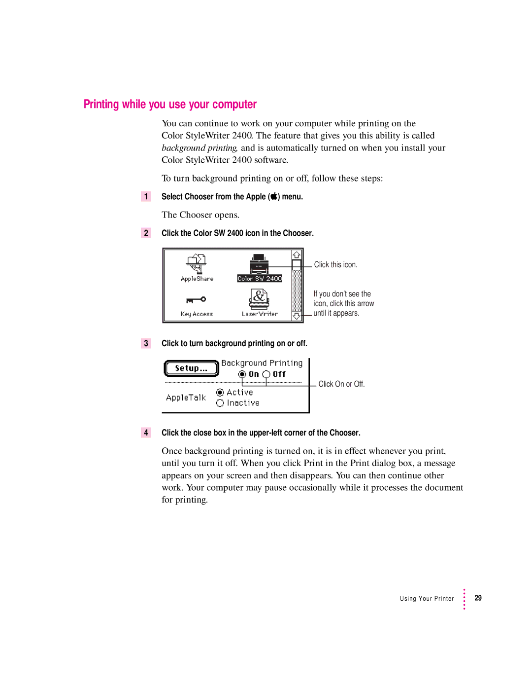 Apple 2400 manual Printing while you use your computer, Chooser opens 