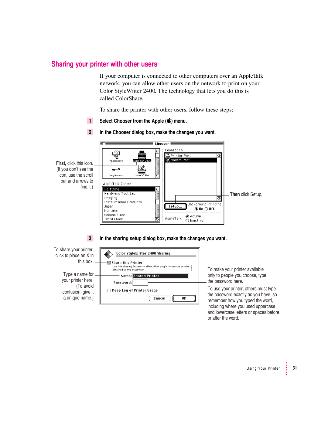 Apple 2400 manual Sharing your printer with other users, Then click Setup 