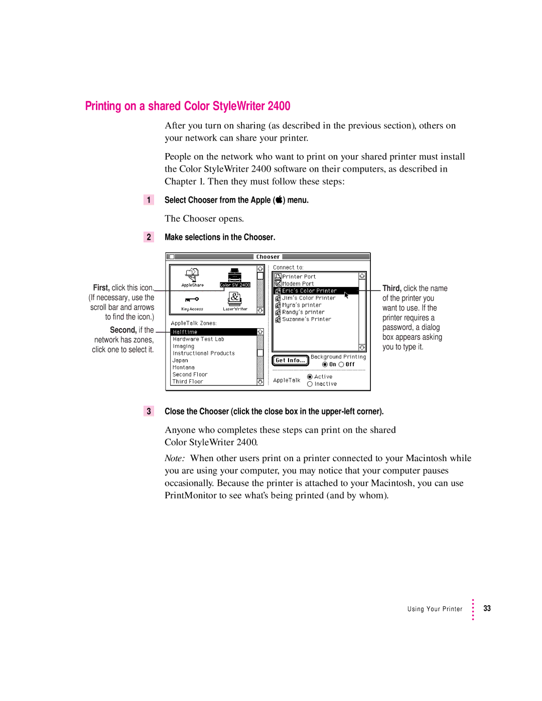 Apple 2400 manual Printing on a shared Color StyleWriter, Make selections in the Chooser 