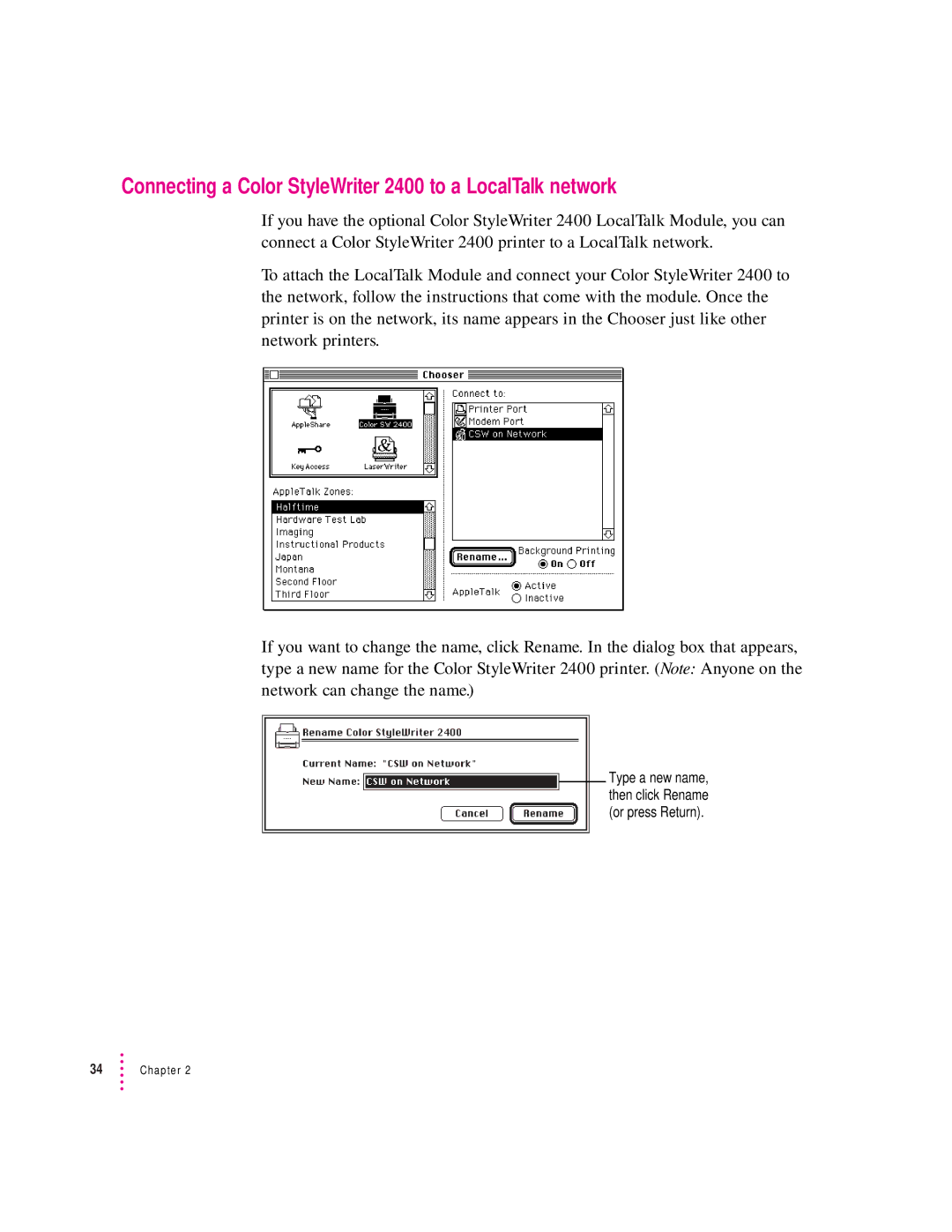 Apple manual Connecting a Color StyleWriter 2400 to a LocalTalk network 