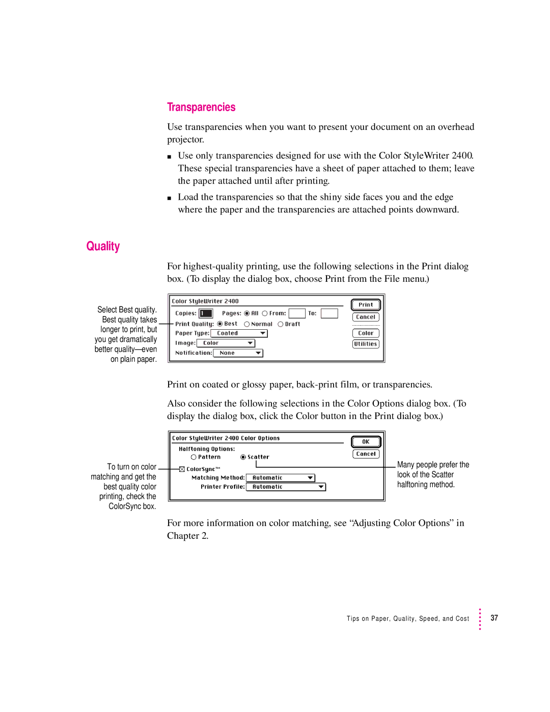 Apple 2400 manual Quality, Transparencies 