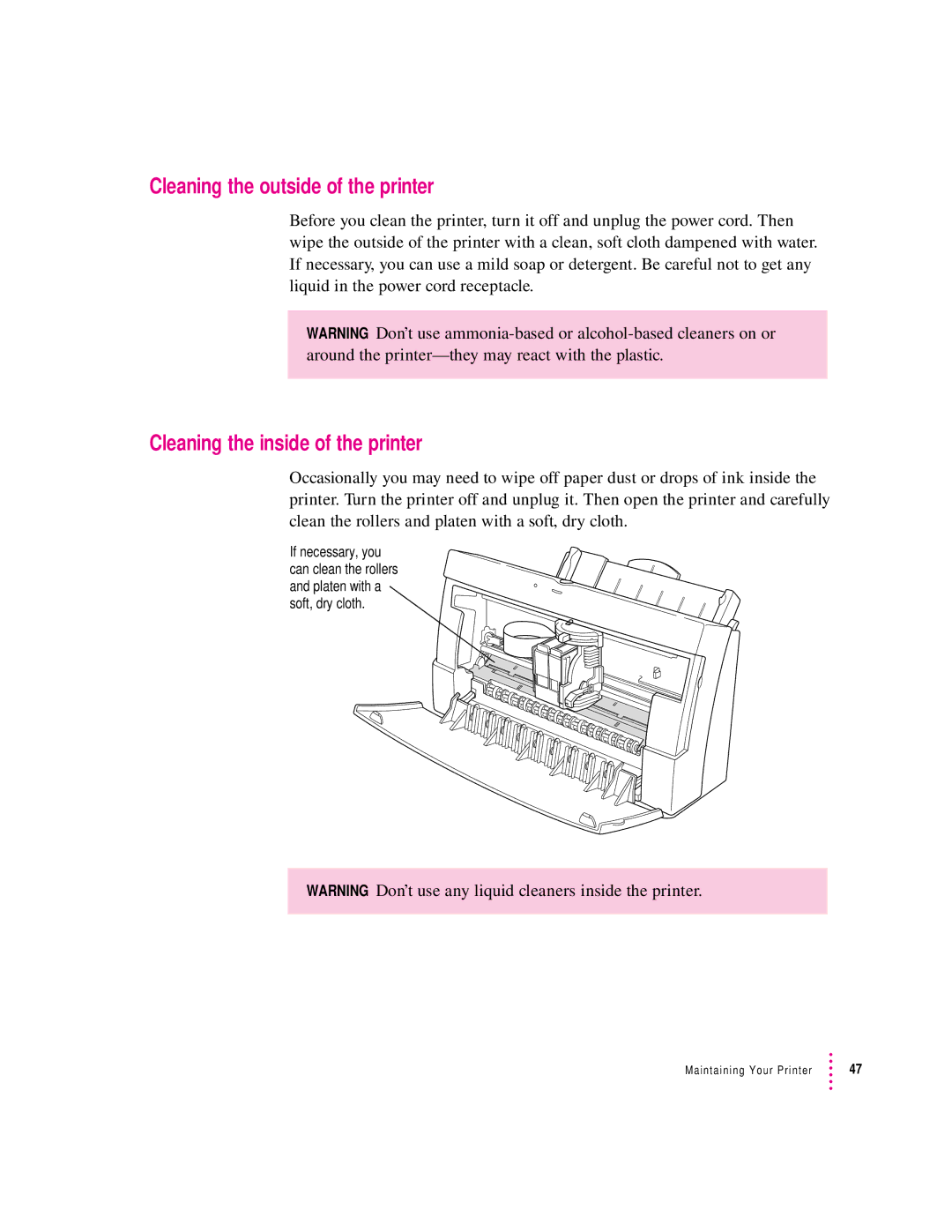 Apple 2400 manual Cleaning the outside of the printer, Cleaning the inside of the printer 