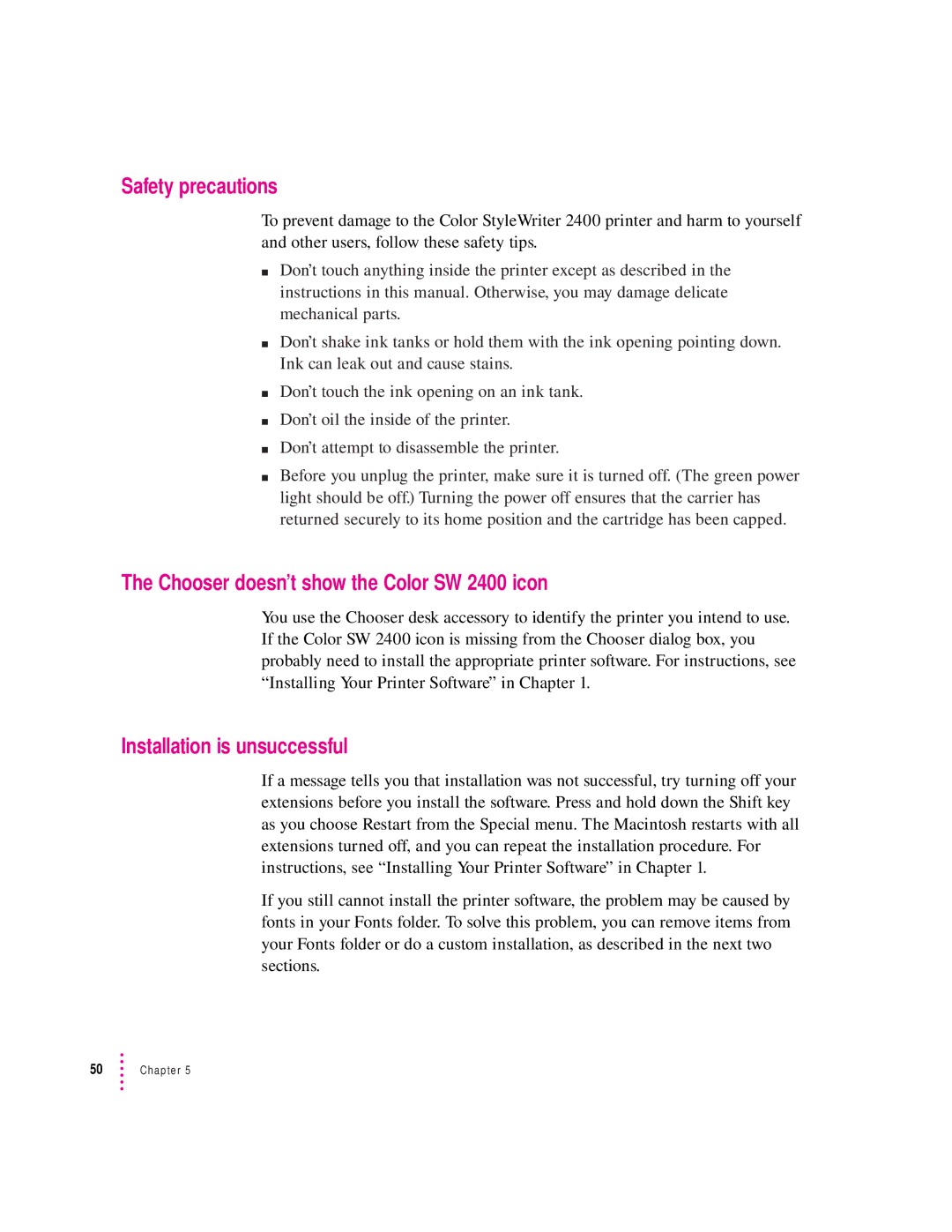 Apple manual Safety precautions, Chooser doesn’t show the Color SW 2400 icon, Installation is unsuccessful 
