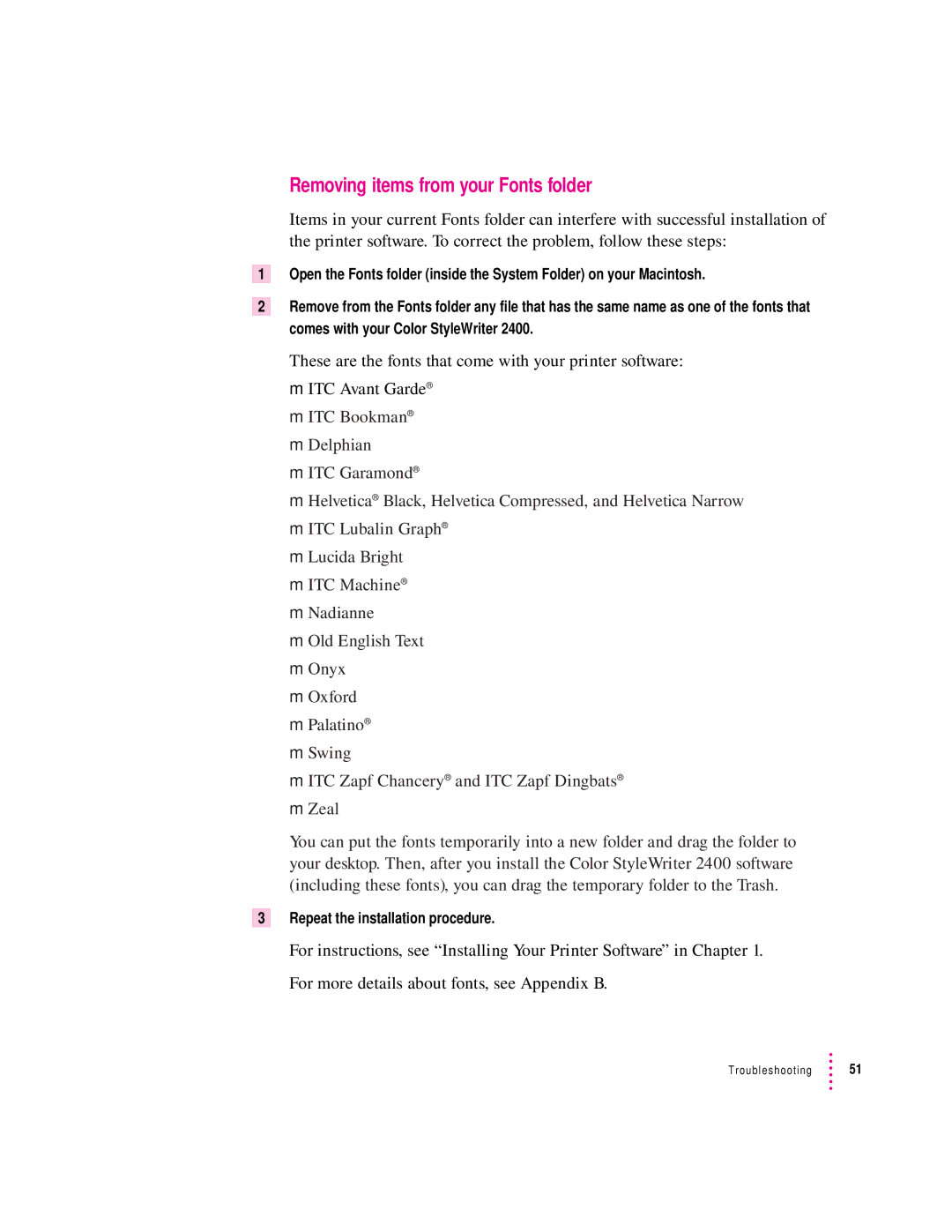 Apple 2400 manual Removing items from your Fonts folder 