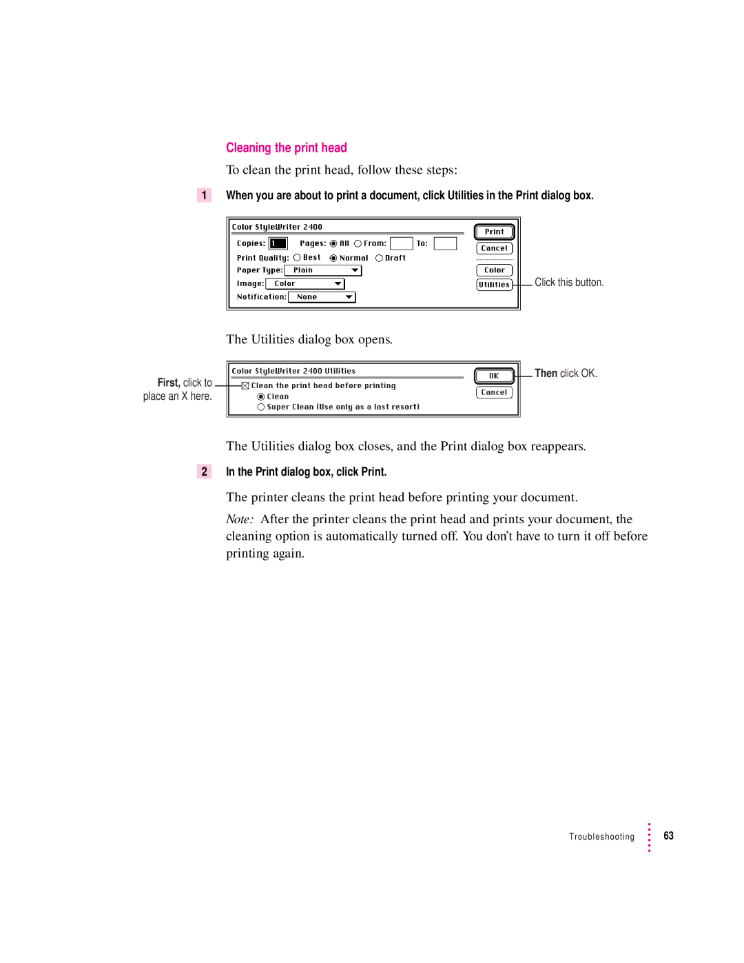 Apple 2400 manual Cleaning the print head 