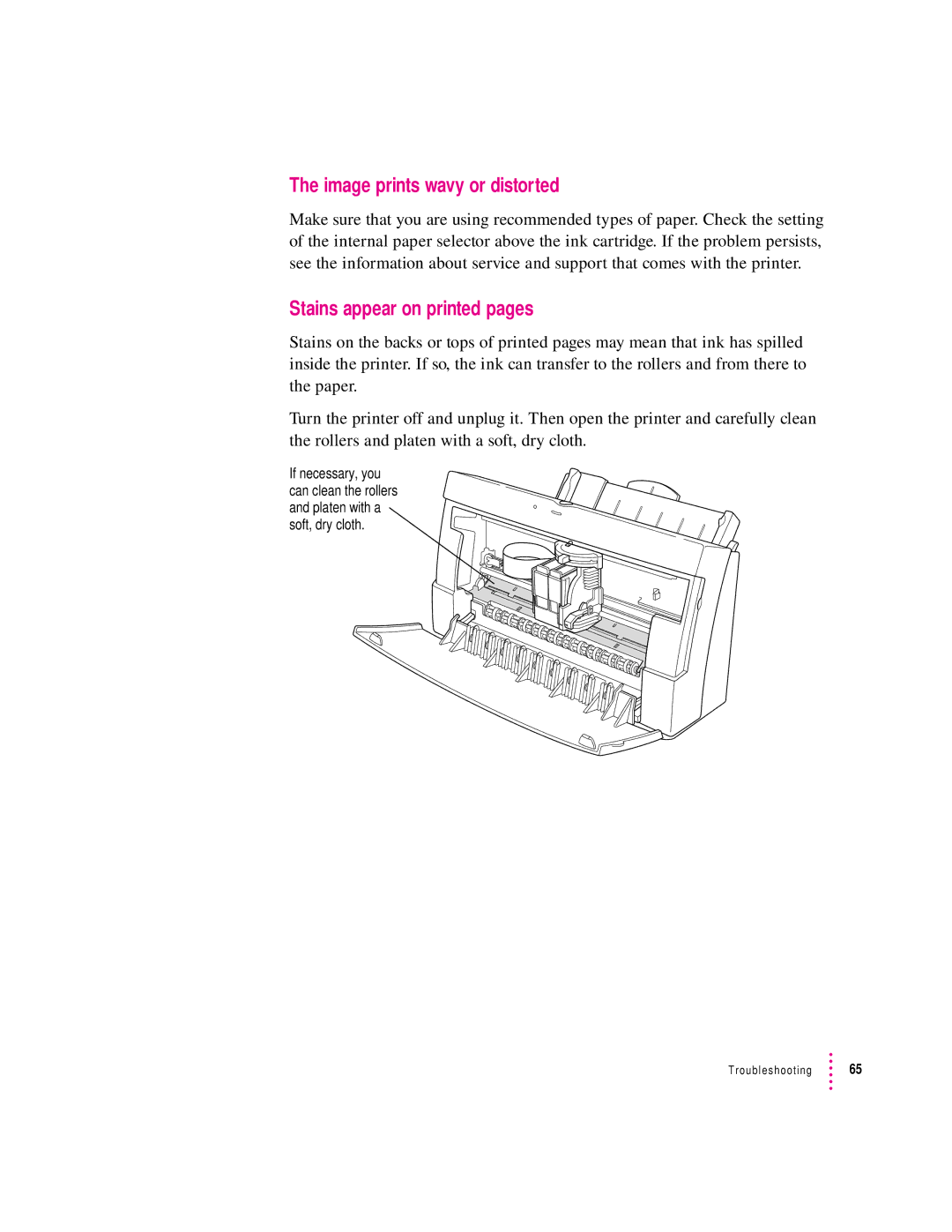 Apple 2400 manual Image prints wavy or distorted, Stains appear on printed pages 