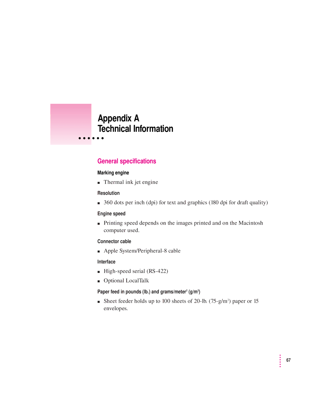 Apple 2400 manual Appendix a Technical Information, General specifications 