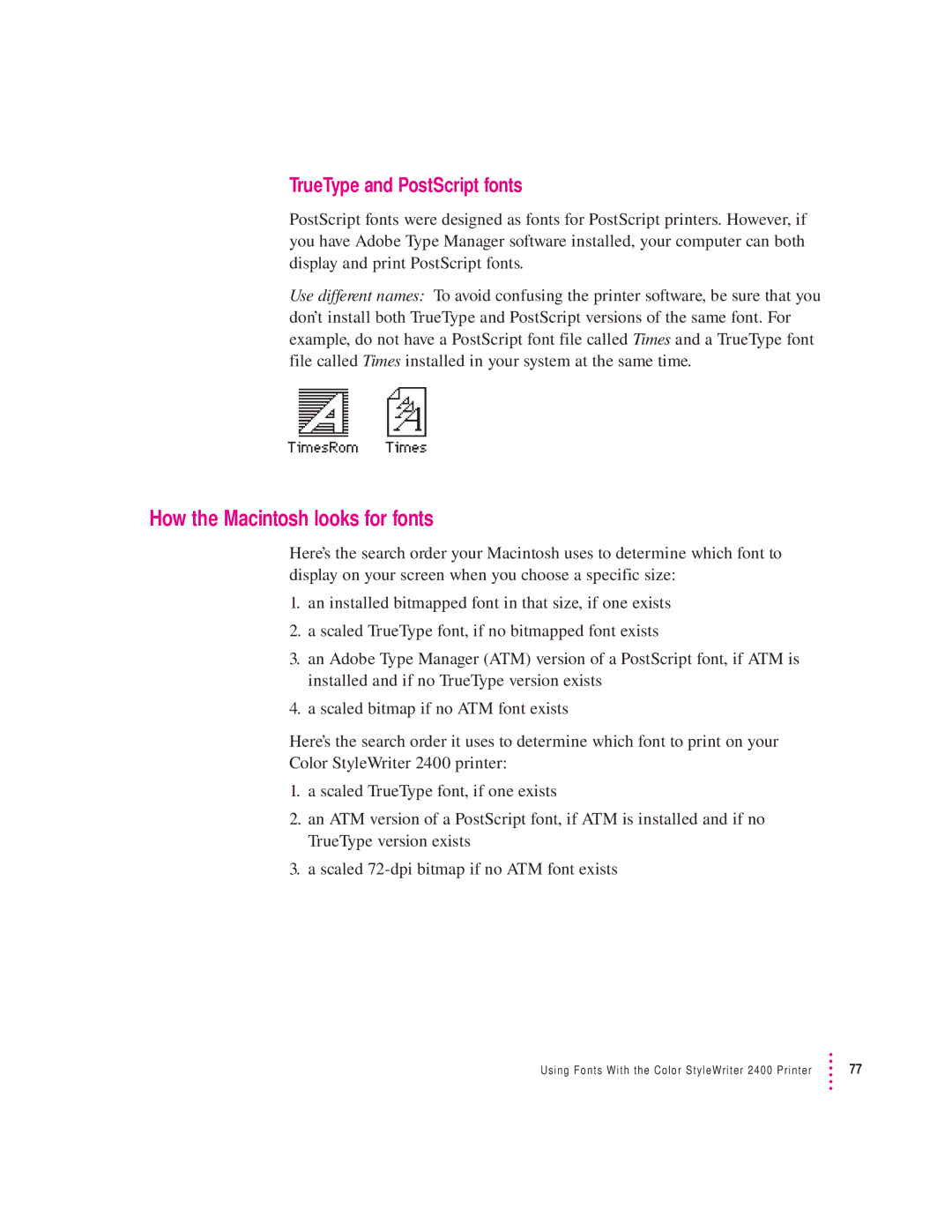 Apple 2400 manual How the Macintosh looks for fonts, TrueType and PostScript fonts 