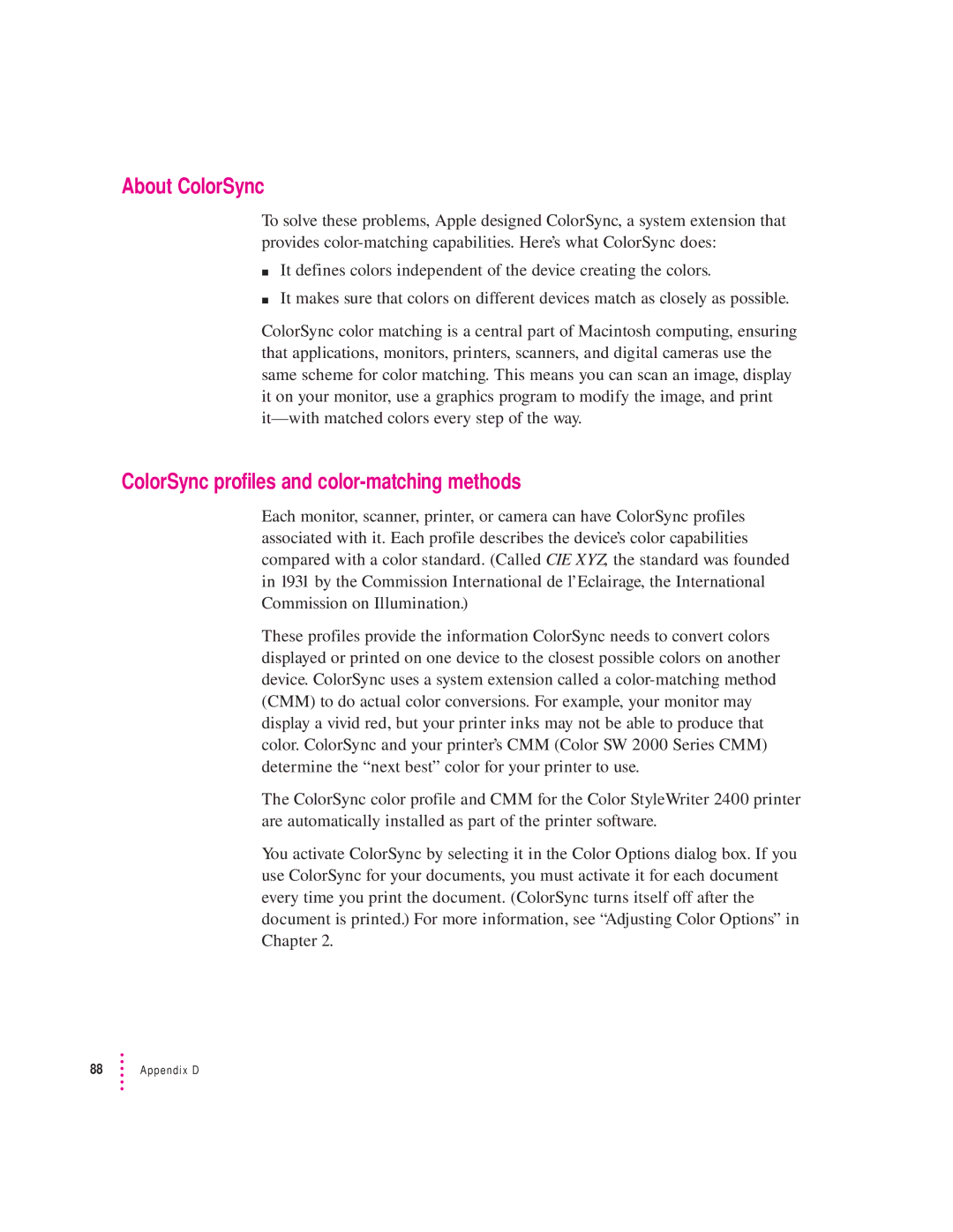 Apple 2400 manual About ColorSync, ColorSync profiles and color-matching methods 