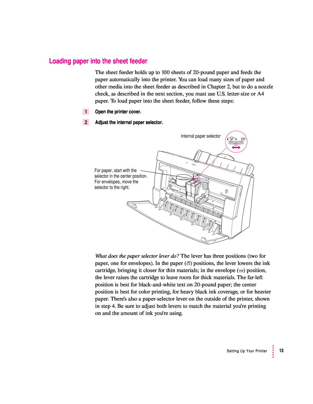 Apple 2400 manual Loading paper into the sheet feeder, Open the printer cover 2 Adjust the internal paper selector 