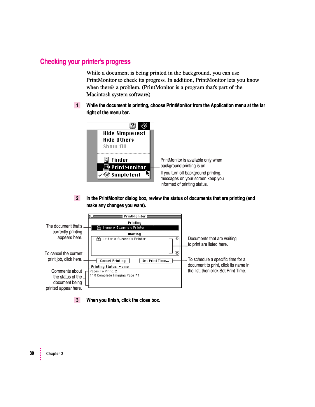 Apple 2400 manual Checking your printer’s progress, When you finish, click the close box 
