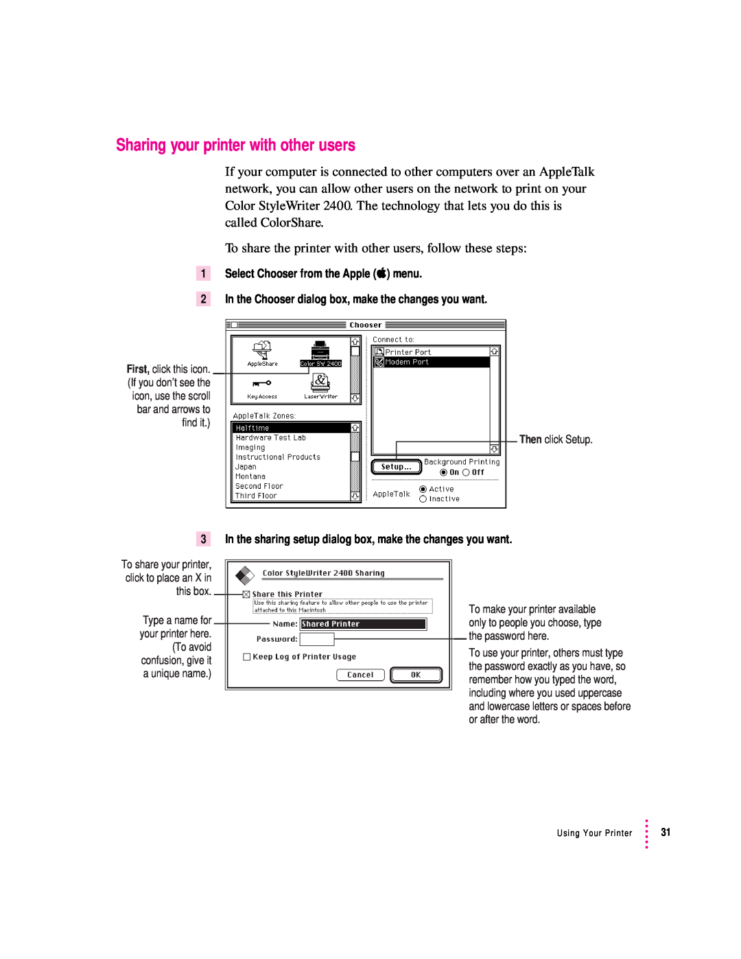 Apple 2400 manual Sharing your printer with other users, Select Chooser from the Apple K menu, Then click Setup 