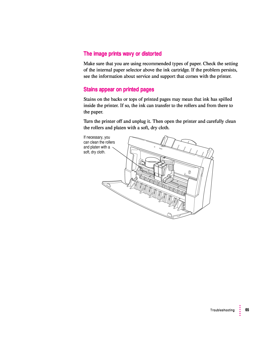 Apple 2400 manual The image prints wavy or distorted, Stains appear on printed pages 