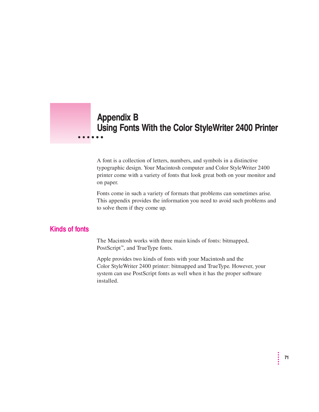 Apple manual Appendix B, Kinds of fonts, Using Fonts With the Color StyleWriter 2400 Printer 