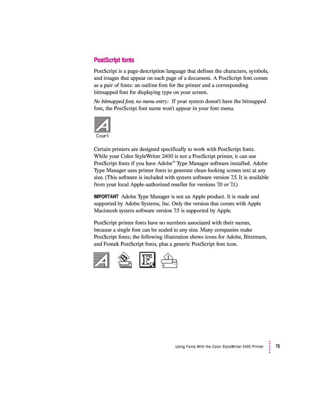 Apple manual PostScript fonts, Using Fonts With the Color StyleWriter 2400 Printer 
