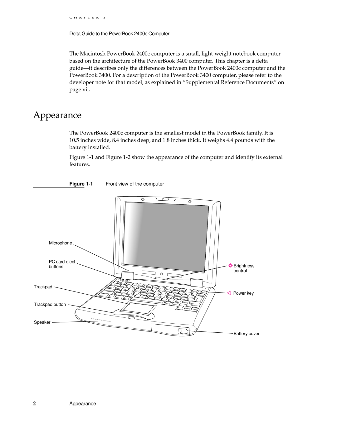 Apple 2400C manual Delta Guide to the PowerBook 2400c Computer, 1 Front view of the computer, 2Appearance 