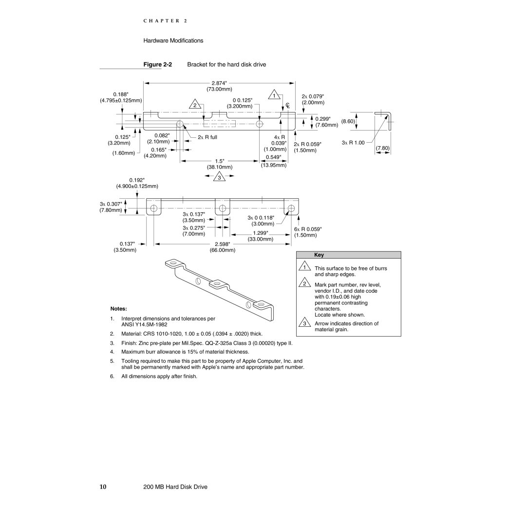 Apple 250 manual Hardware Modiﬁcations Bracket for the hard disk drive 