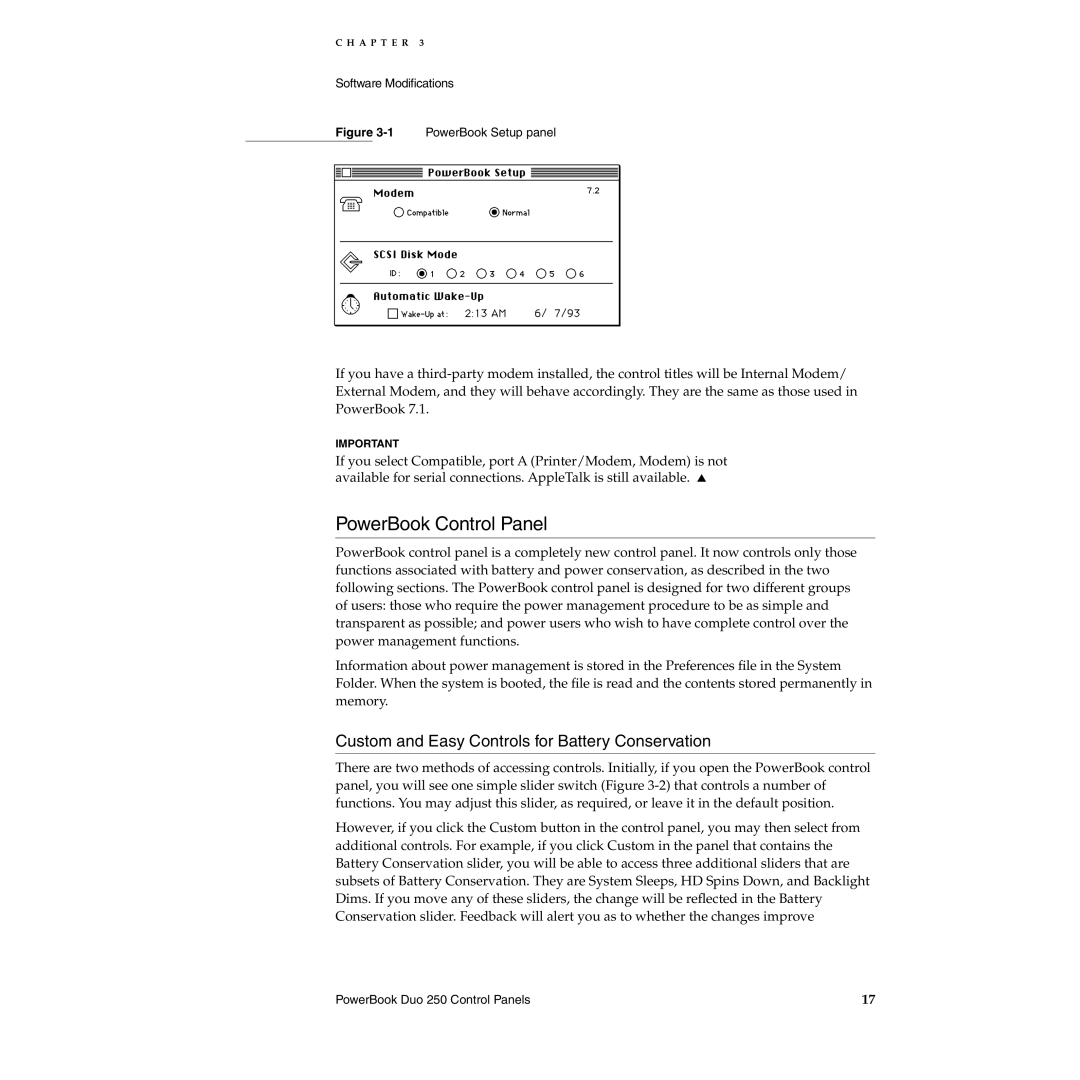 Apple 250 manual PowerBook Control Panel, Custom and Easy Controls for Battery Conservation 