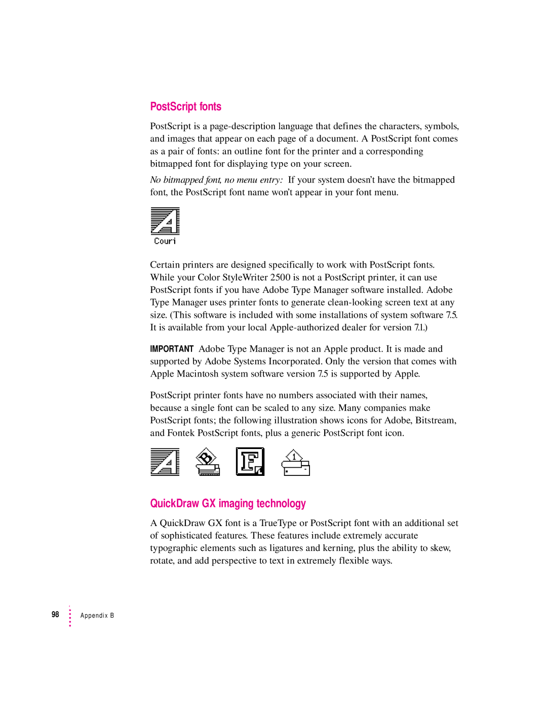 Apple 2500 manual PostScript fonts, QuickDraw GX imaging technology 