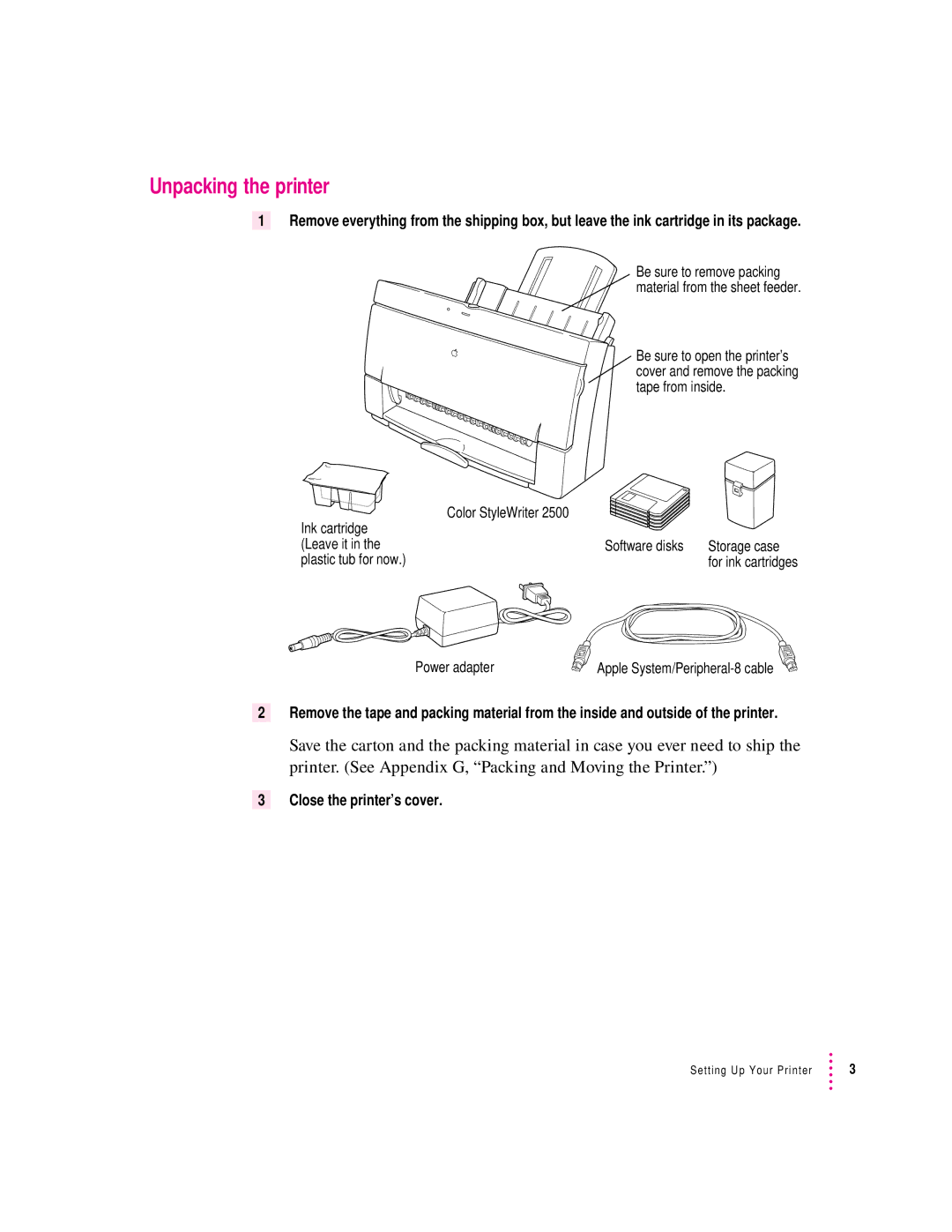 Apple 2500 manual Unpacking the printer 