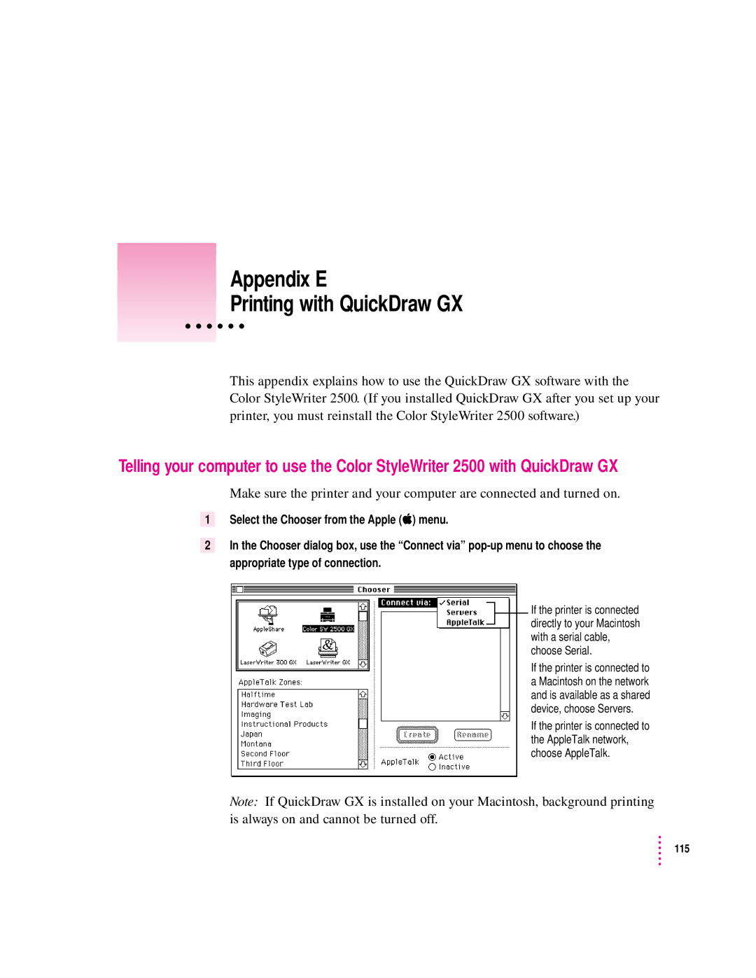 Apple 2500 manual Appendix E Printing with QuickDraw GX 