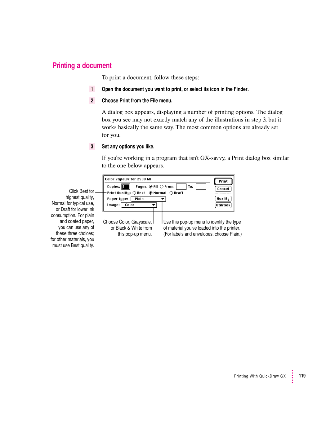 Apple 2500 manual To print a document, follow these steps, This pop-up menu 