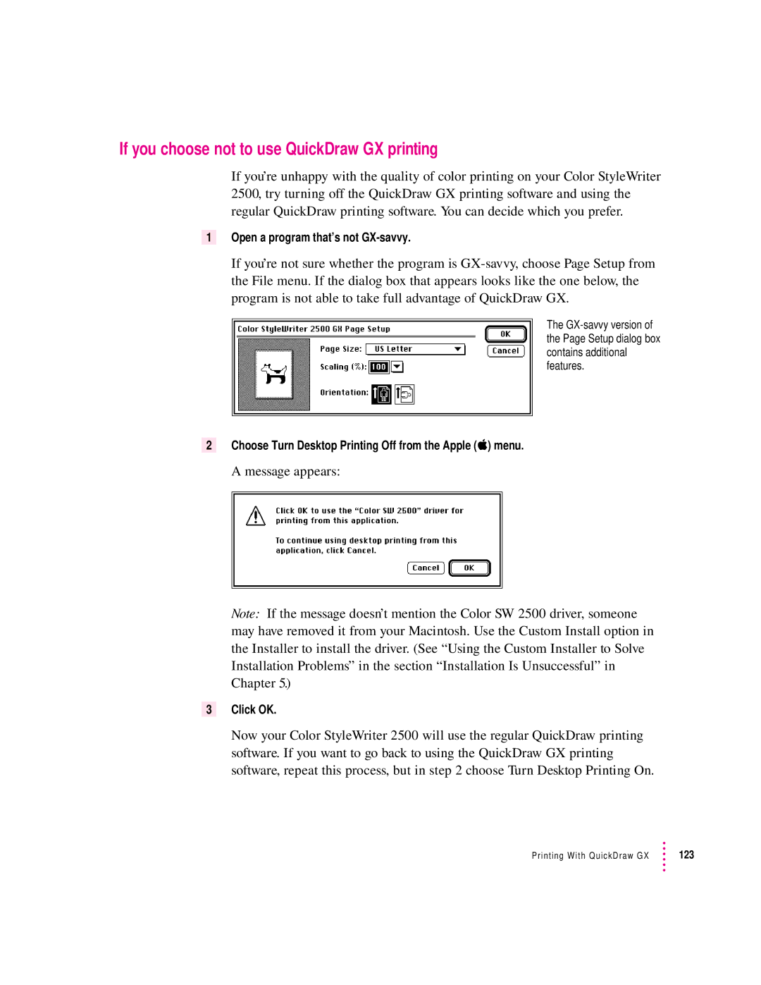 Apple 2500 manual If you choose not to use QuickDraw GX printing, Message appears 