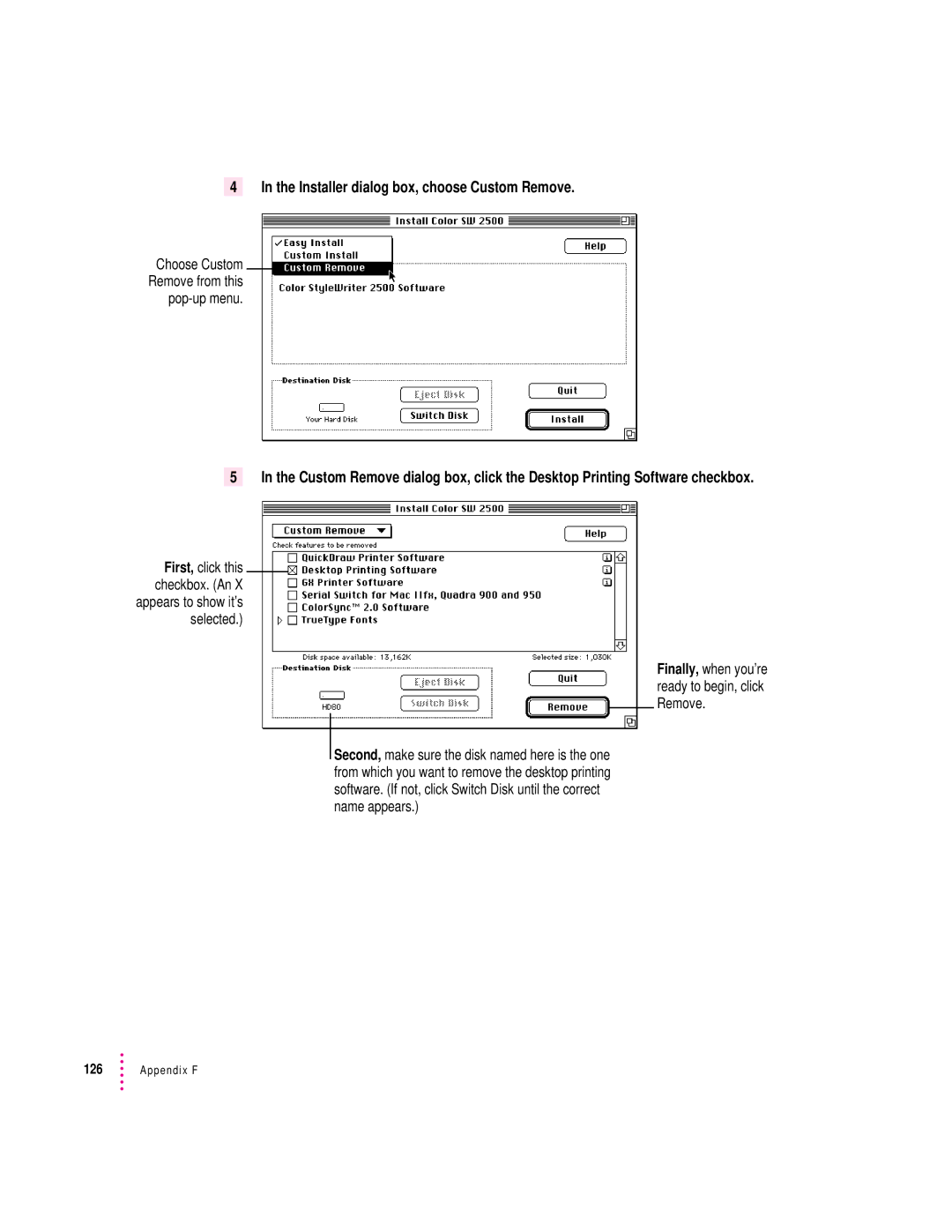 Apple 2500 manual Installer dialog box, choose Custom Remove 