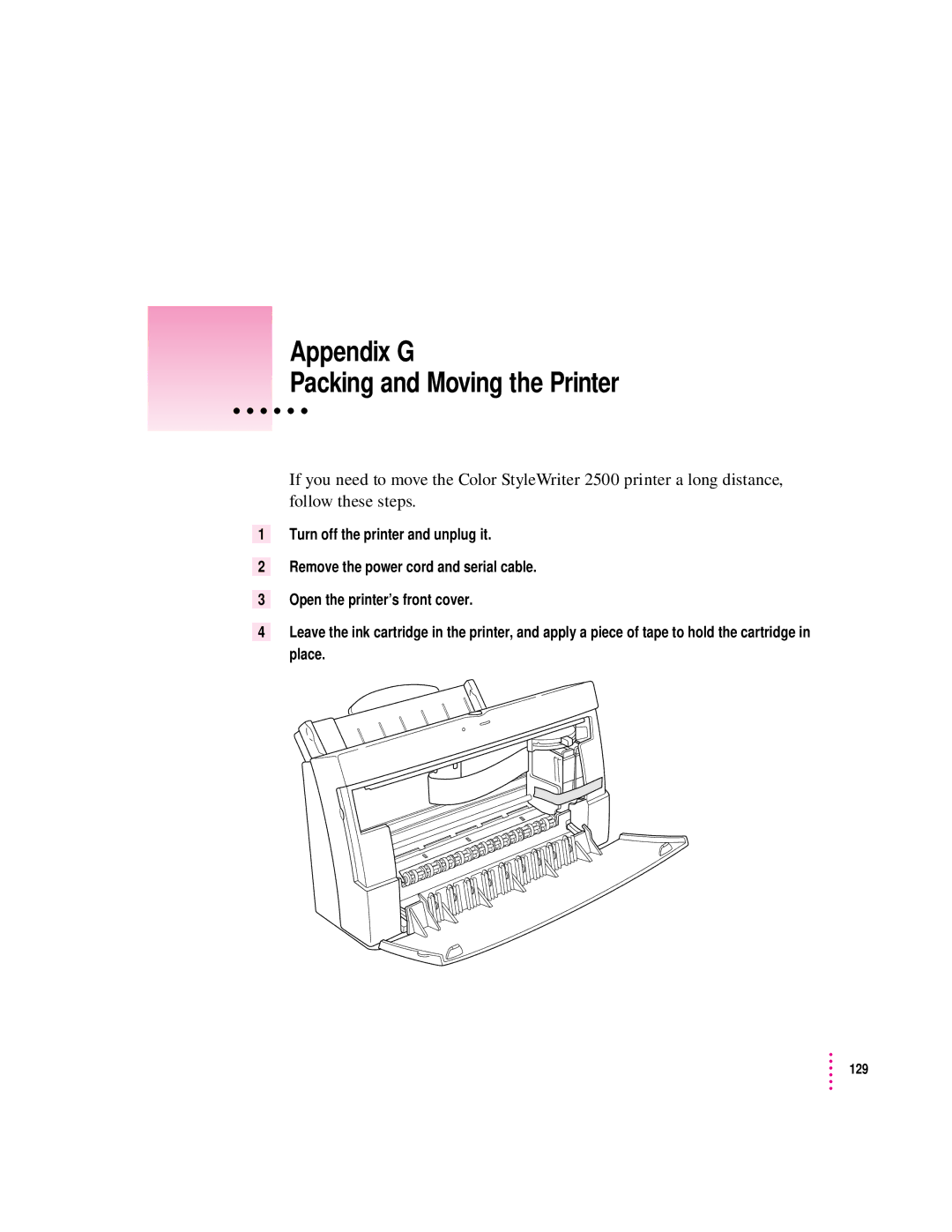 Apple 2500 manual Appendix G Packing and Moving the Printer 