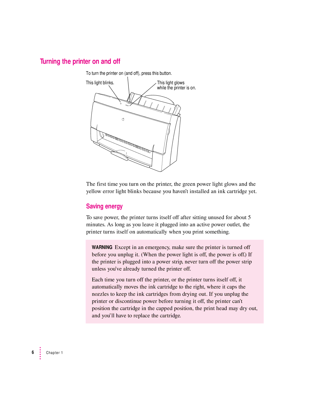 Apple 2500 manual Turning the printer on and off, Saving energy 