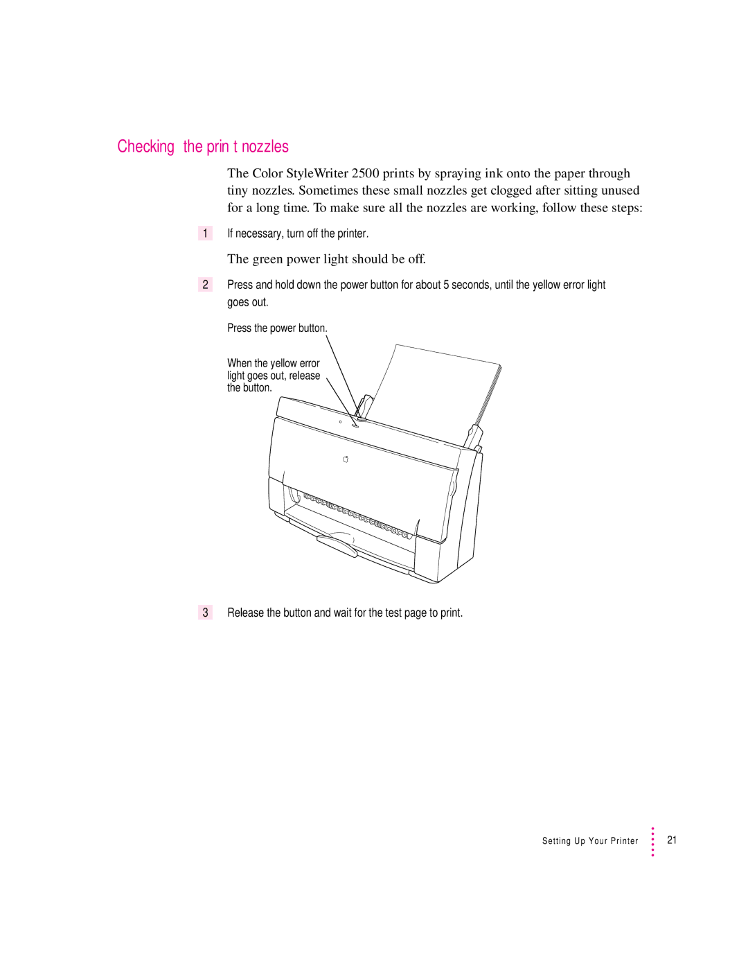 Apple 2500 manual Checking the print nozzles, Green power light should be off 