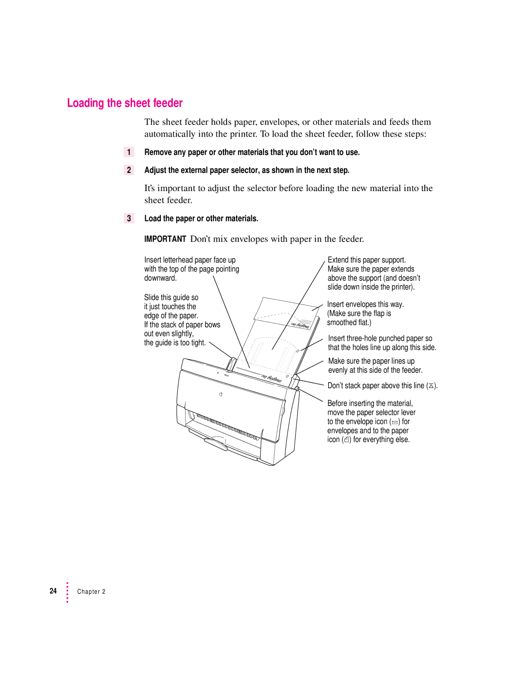 Apple 2500 manual Loading the sheet feeder, Important Don’t mix envelopes with paper in the feeder 