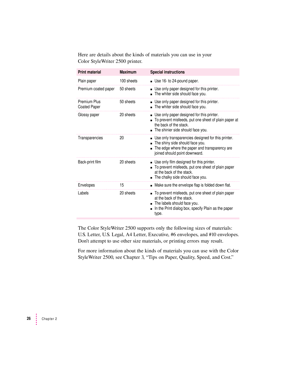 Apple 2500 manual Print material Maximum Special instructions 