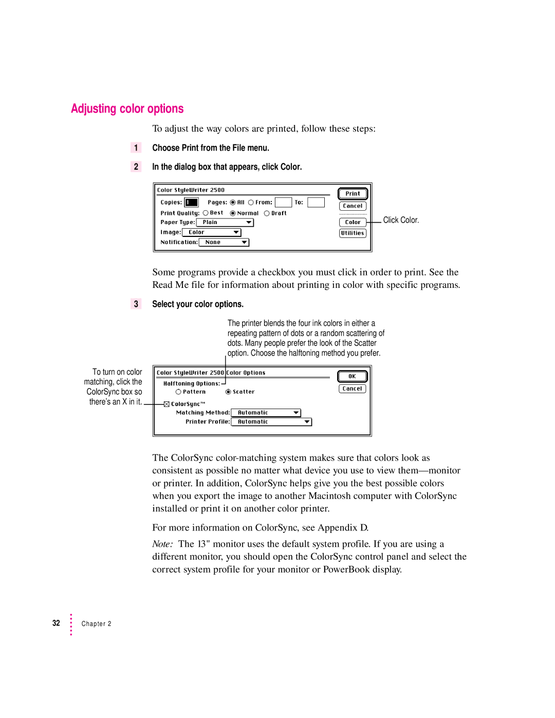 Apple 2500 manual Adjusting color options, To adjust the way colors are printed, follow these steps 